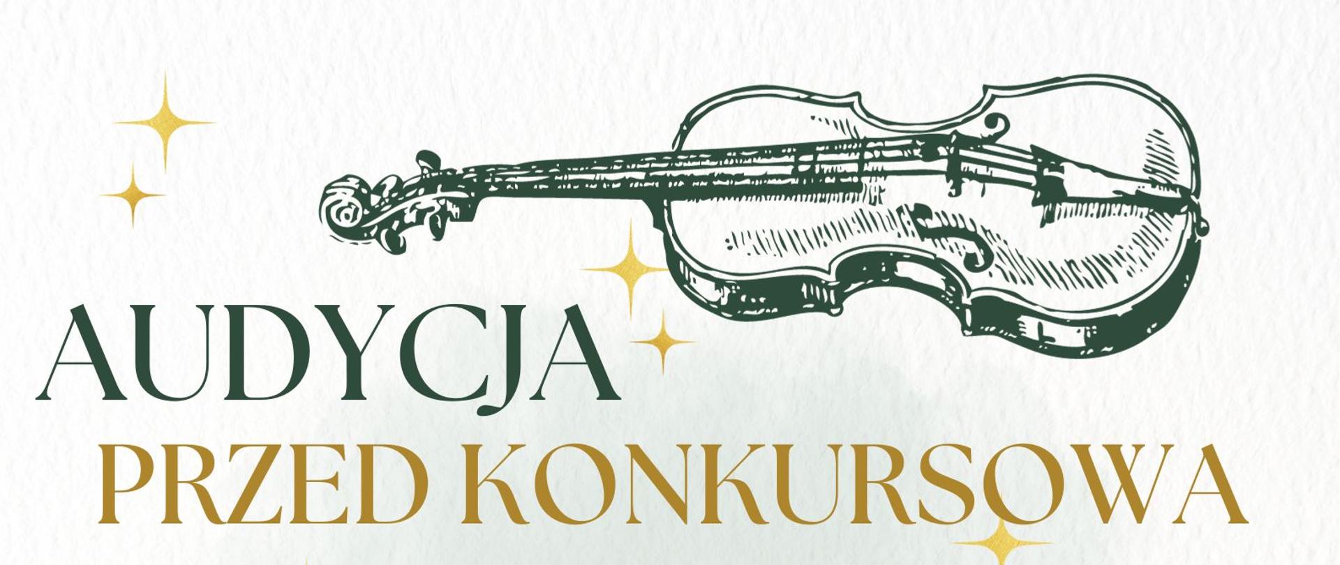 Plakat zawiera informację na temat audycji przed konkursowej uczniów PSM w Opolu, w centralnej części zielone 3 choinki na dole budynki i choinki, w górnej części plakatu skrzypce.