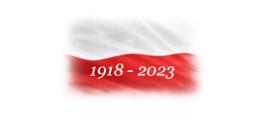 Biało-Czerwona flaga z napisem "1918-2023".
