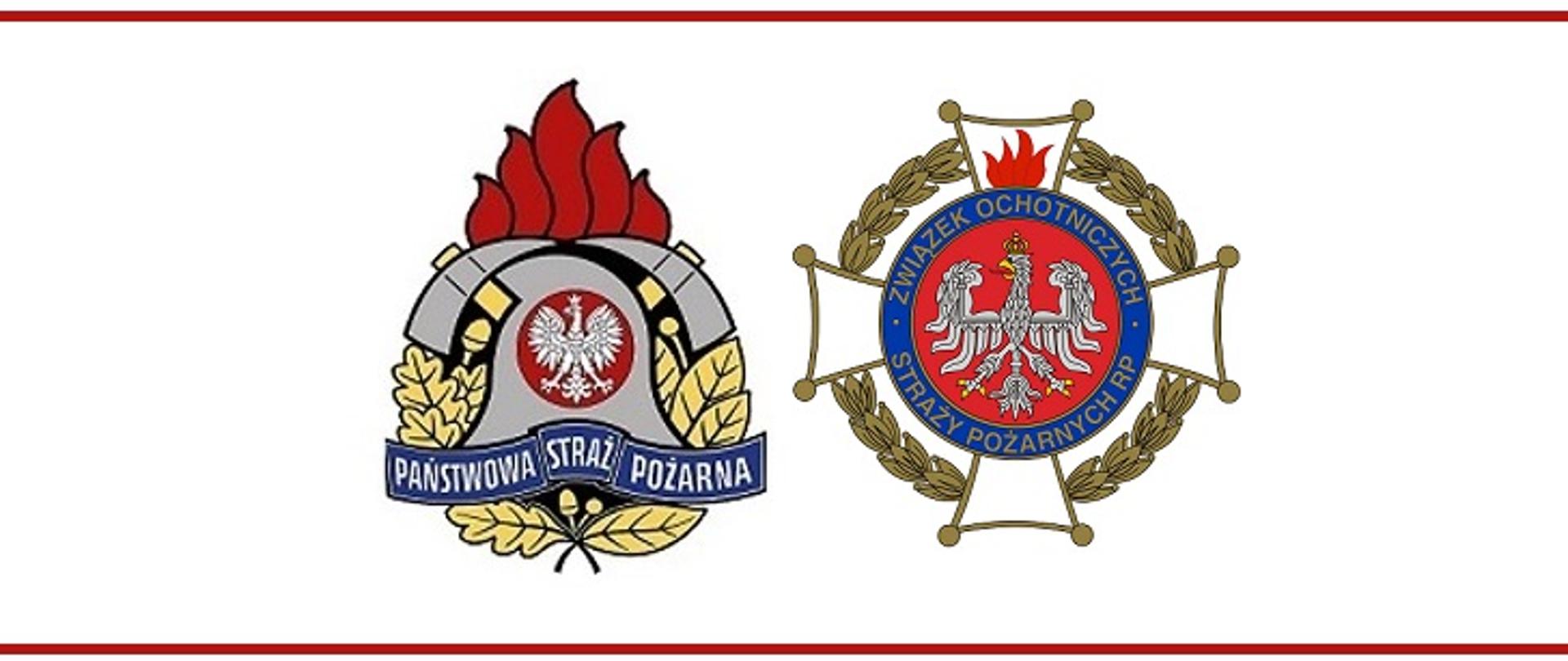 Zdjęcie przedstawia dwa loga. Państwowej Straży Pożarnej i Ochotniczej Strżay Pożarnej