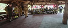Uczestnicy ćwiczeń oraz strażacy zgromadzeni pod drewnianą wiatą podczas podsumowania działań szkoleniowych