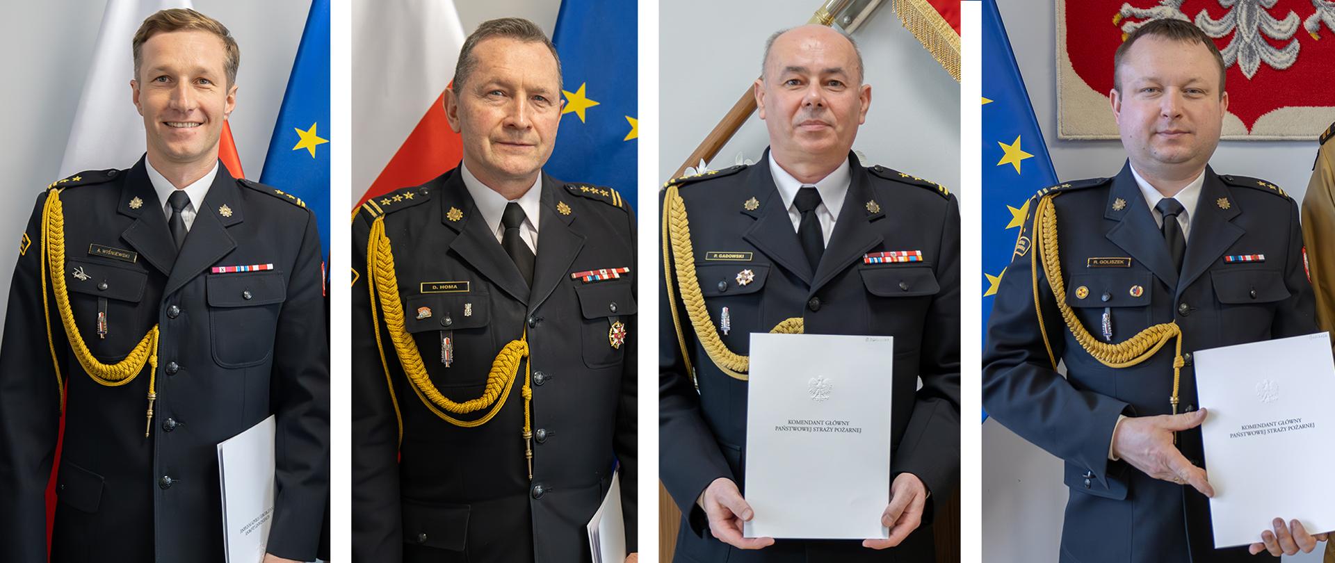 Fotografia przedstawia czterech oficerów PSP, którzy otrzymali decyzje personalne związane z powołaniem i powierzeniem stanowisk zastępów komendantów wojewódzkich 