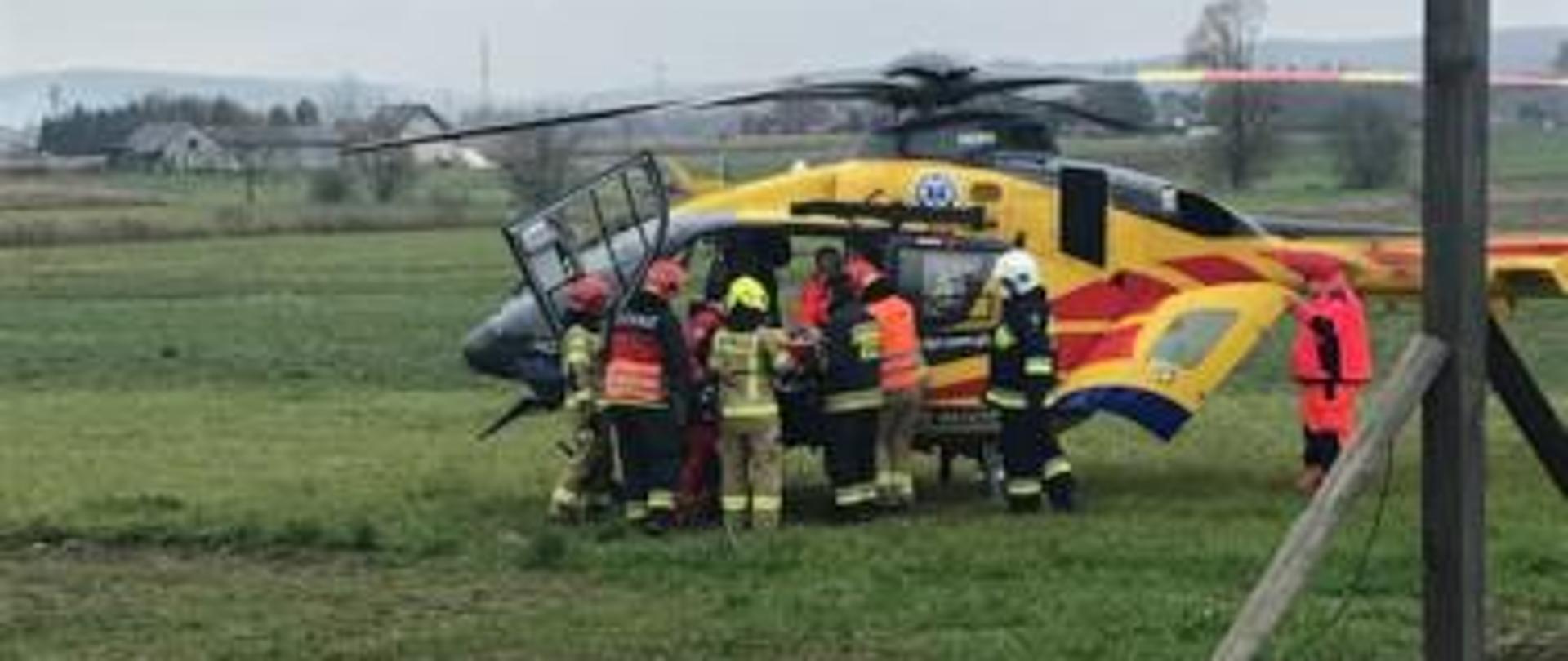 Na zdjęciu śmigłowiec Lotniczego Pogotowia Ratunkowego, który wylądował na łące. Przy nim ratownicy medyczni oraz strażacy.
