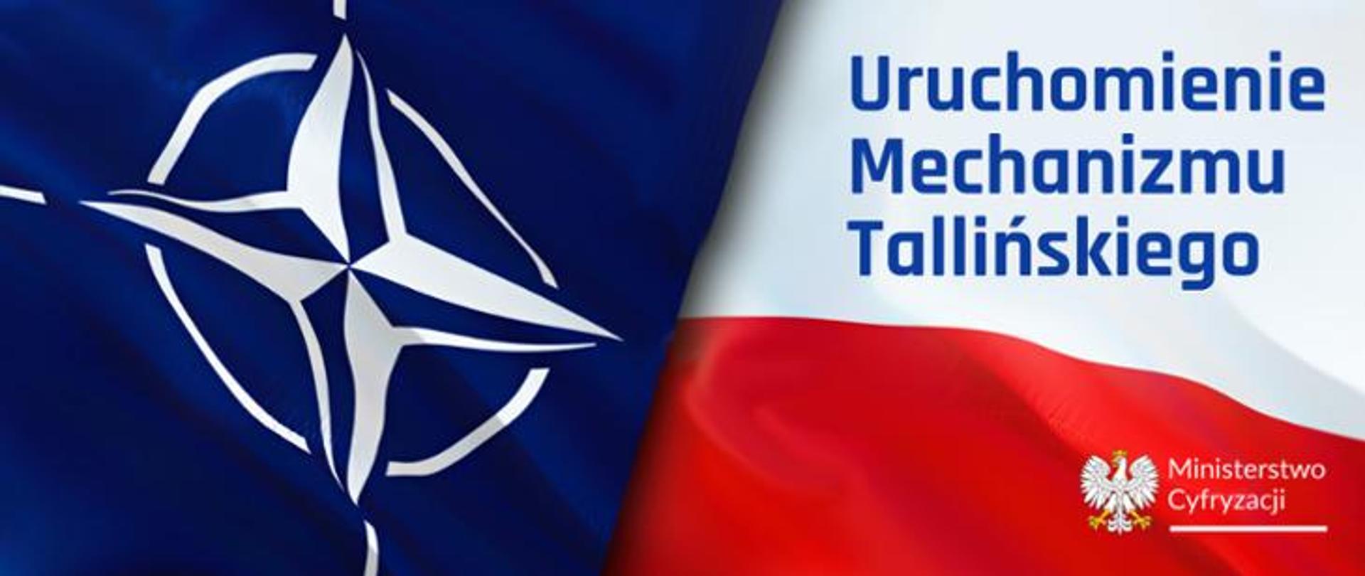 Na grafice widzimy po prawej stronie biało-czerwoną flagę Polski oraz logo Ministerstwa Cyfryzacji, po lewej natomiast znajduje się flaga ONZ.