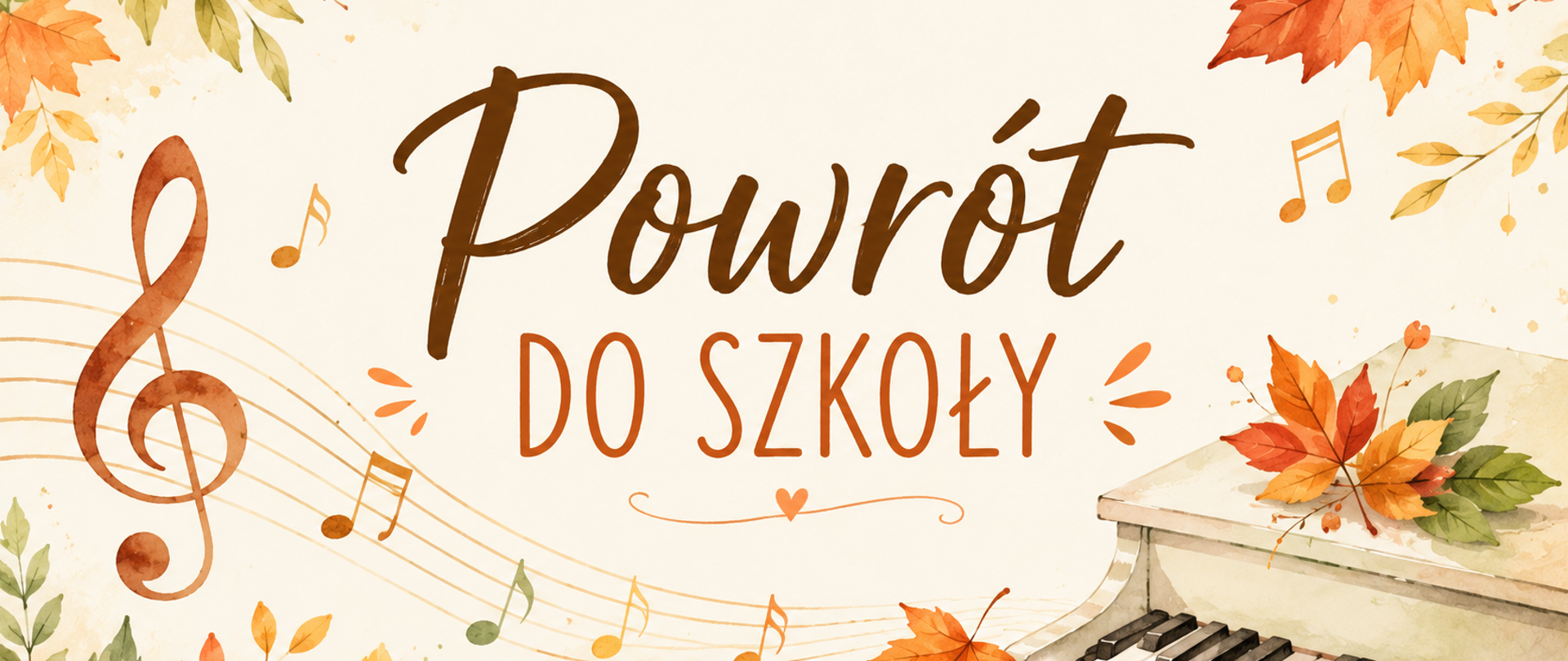 Grafika w jesiennej kolorystyce z napisem „Powrót do szkoły”. Wokół napisu znajdują się kolorowe liście, nuty i pięciolinia z kluczem wiolinowym, a w prawym dolnym rogu fragment klawiatury fortepianu.