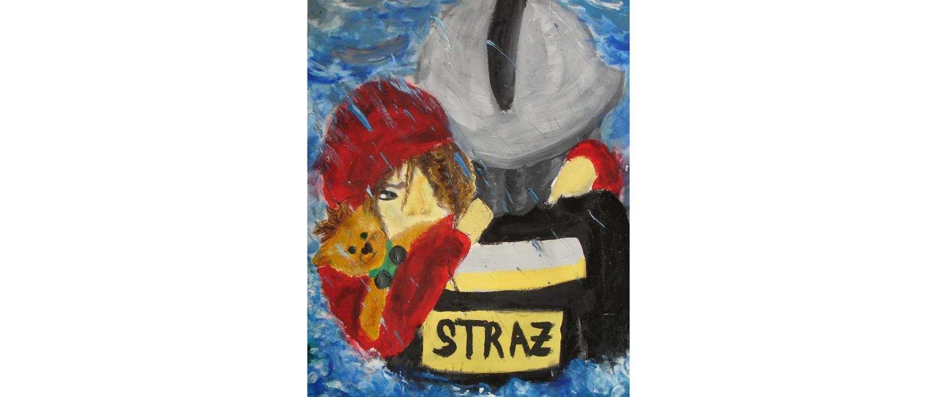 Obrazek - namalowany strażak trzymający dziecko