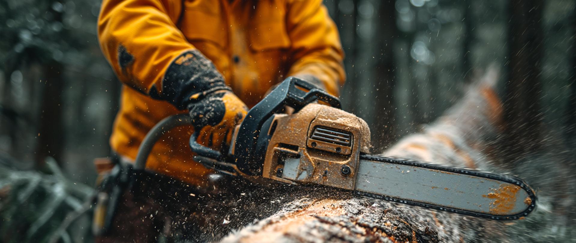 Pilarz w pomarańczowym stroju ochronnym tnie drzewo w lesie piłą łańcuchową