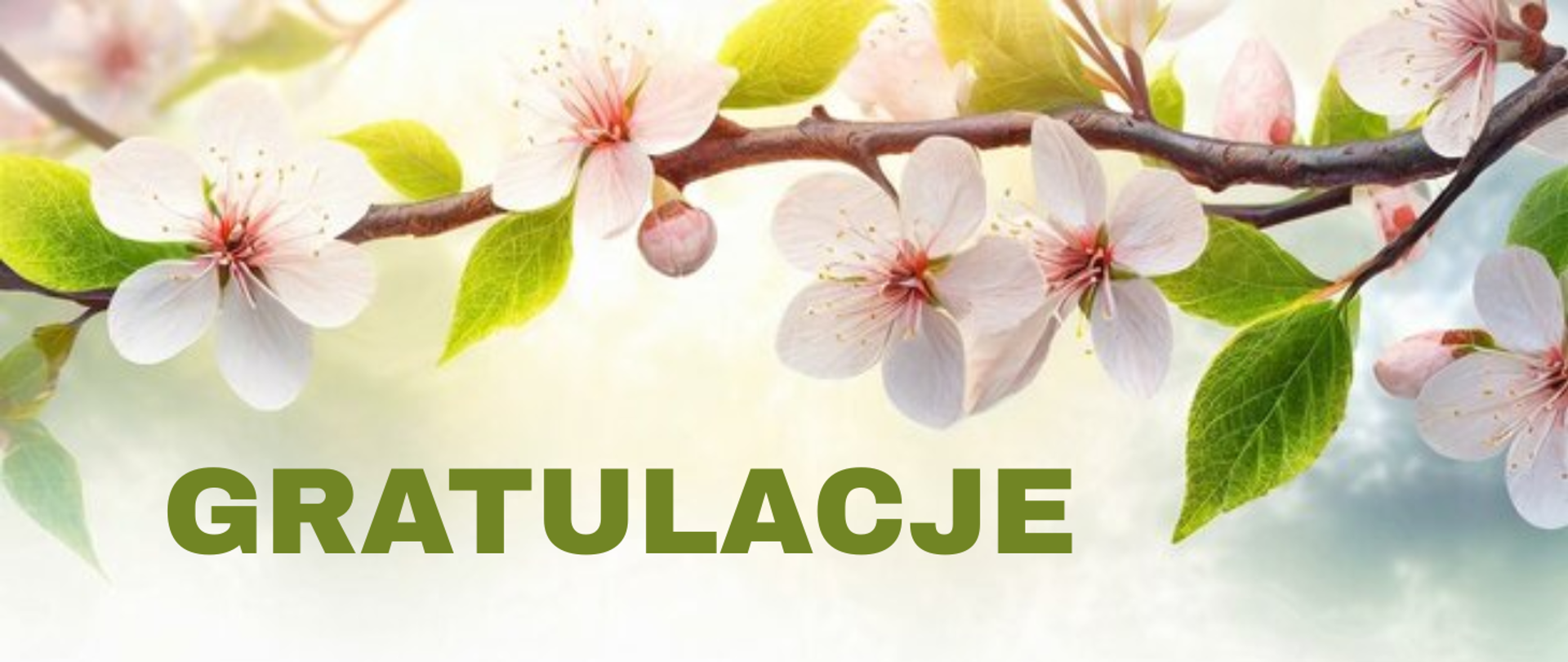 Tło obrazka w jasnych odcieniach. W górnej części gałązka z wiosennymi kwitnącymi, białymi kwiatkami. W dolnej części zielony napis "gratulacje".