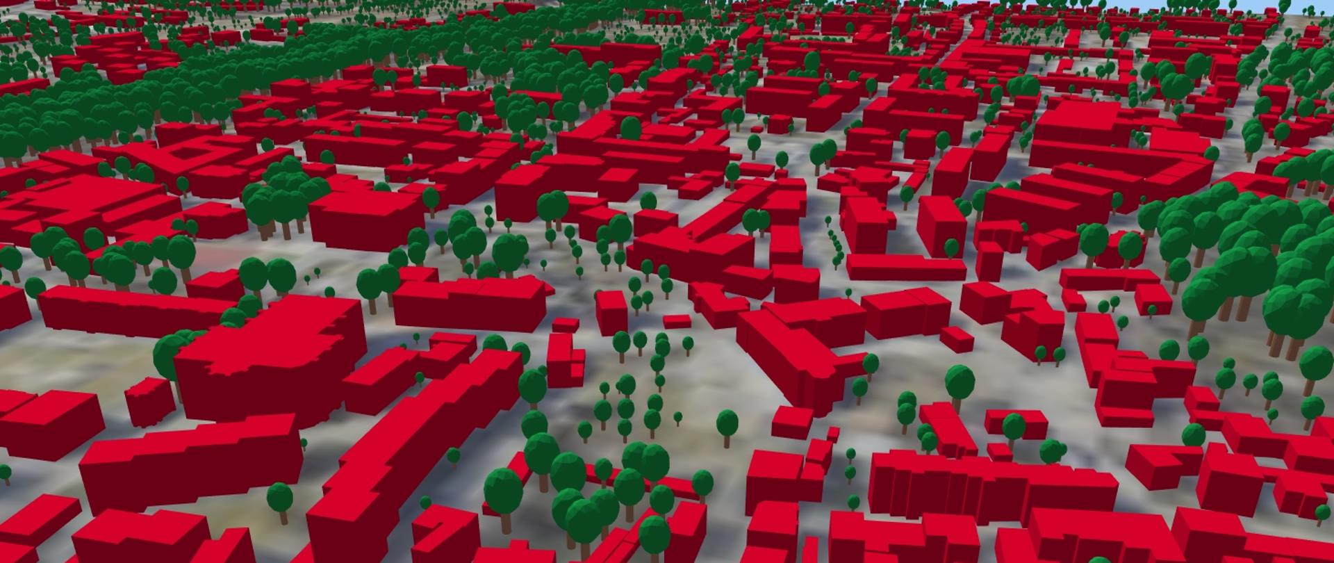zrzut przedstawia wygenerowane modele 3D drzew wraz z modelami 3D budynków dla powiatu głubczyckiego