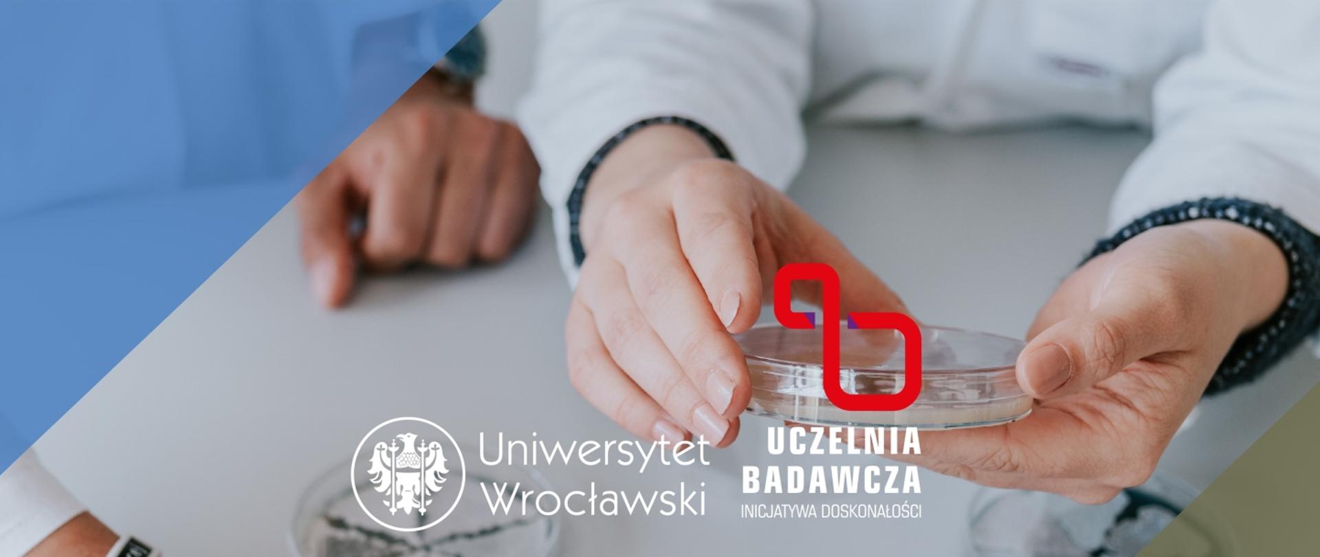 Grafika - logo Uniwersytetu Wrocławskiego i ręce trzymające szklaną szalkę