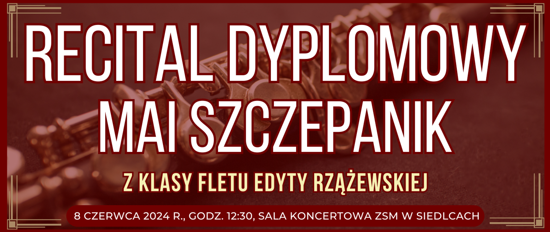 ciemne tło z widokiem fletu poprzecznego oraz informacje o wydarzeniu