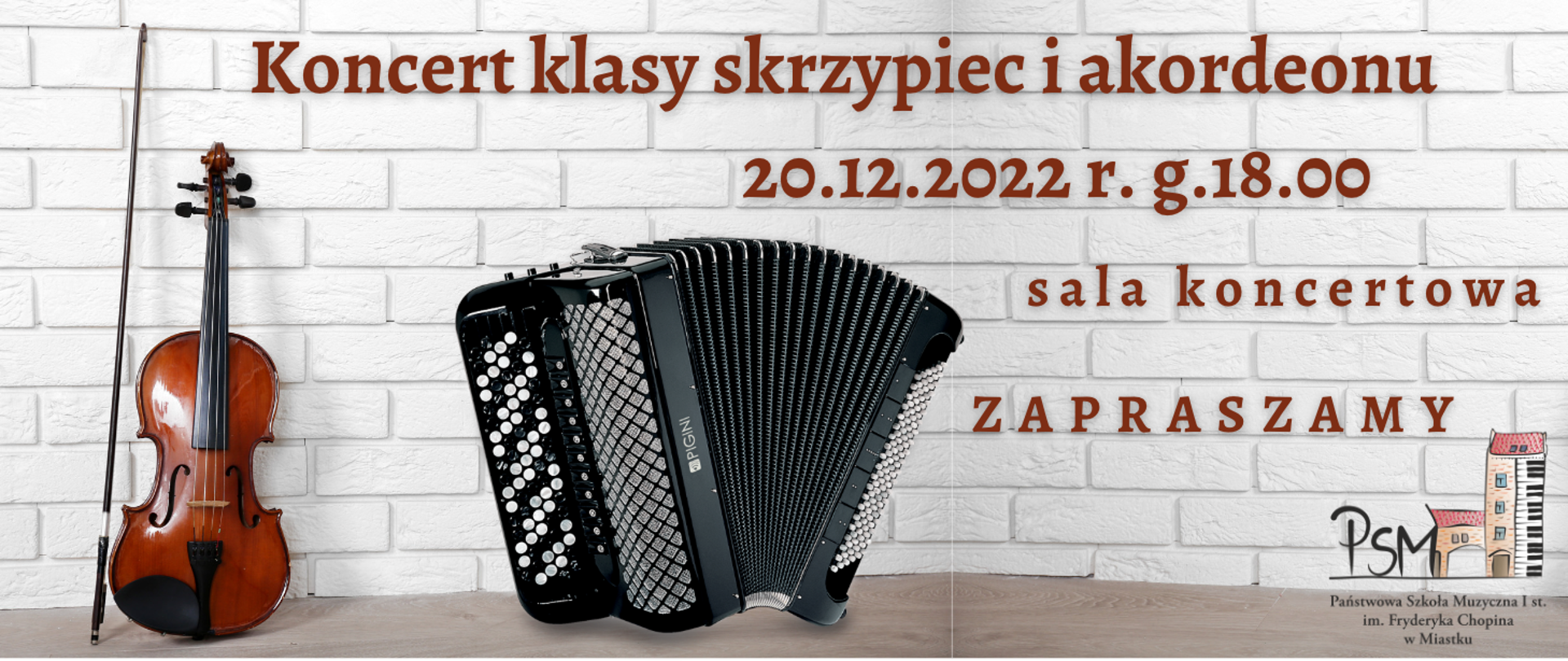 Grafika informująca o koncercie uczniów klasy skrzypiec i akordeonu 20 grudnia 2022 r. o godz. 18:00 w sali koncertowej naszej szkoły.