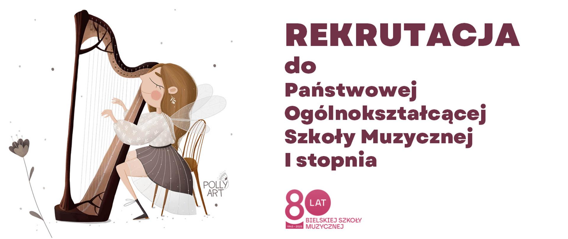 grafika - rekrutacja 2026. Białe tło, grafika rekrutacji, logo szkoły 80 lat - Bielskiej Szkoły Muzycznej