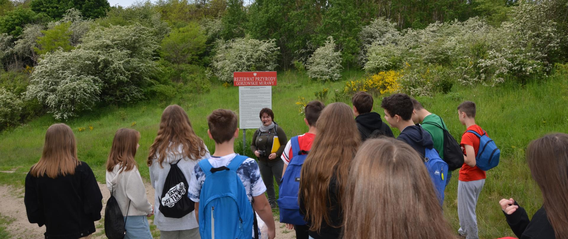 Grupa dzieci stojąca plecami, w tle tablica z napisem rezerwat przyrody Gorzowskie Murawy oraz trawy i trzewa na lekkim zboczu.