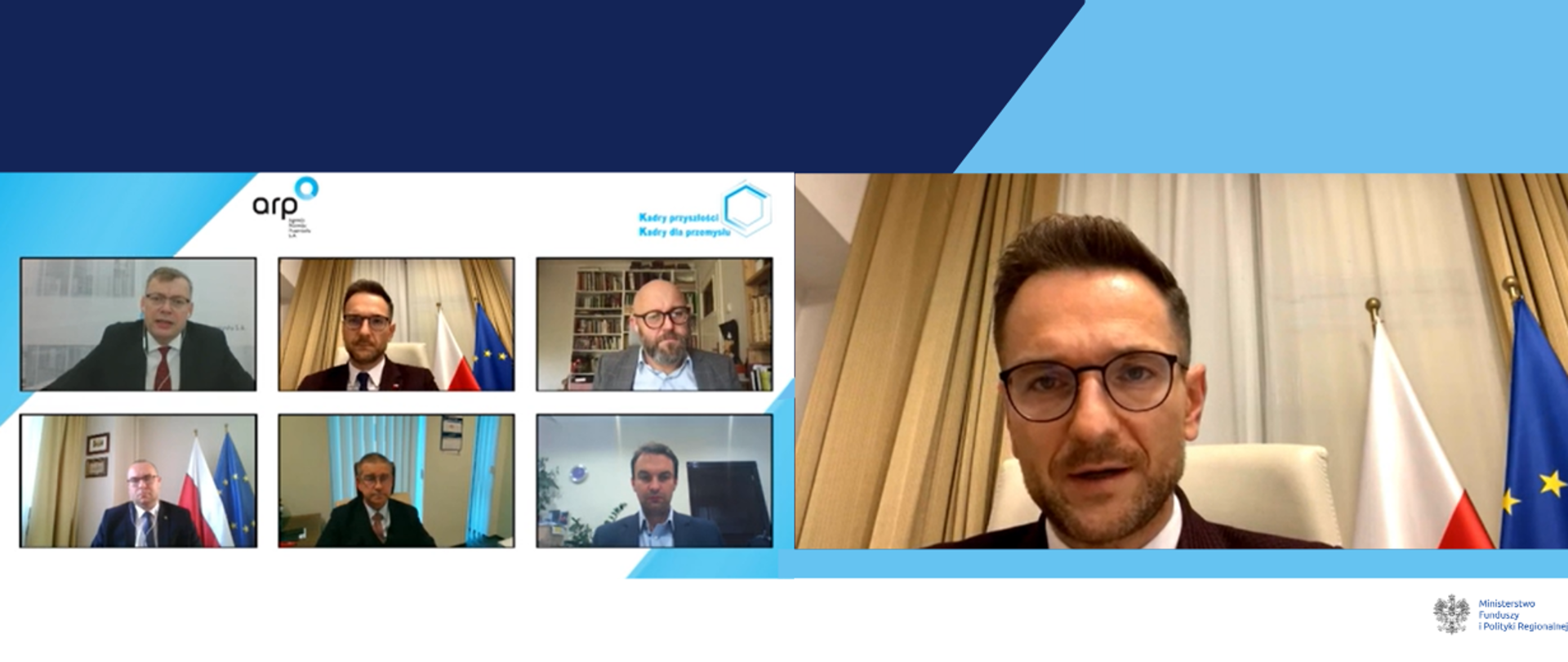 Grafika składa się z sześciu zdjęć prelegentów konferencje "Kadry przyszłości" oraz dużej fotografii wiceministra Waldemara Budy. 