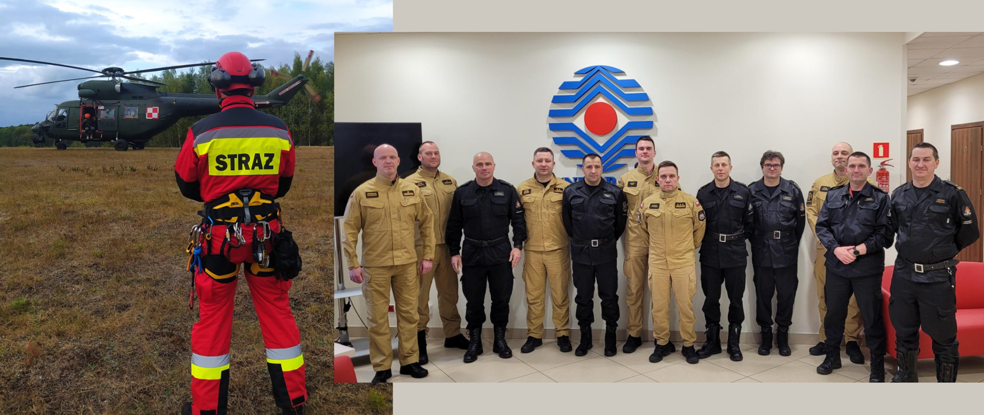 PO lewo strażak stoi tyłem a przed nim stoi śmigłowiec, po prawej stronie zdjęcie grupowe strażaków zespołu obraującego