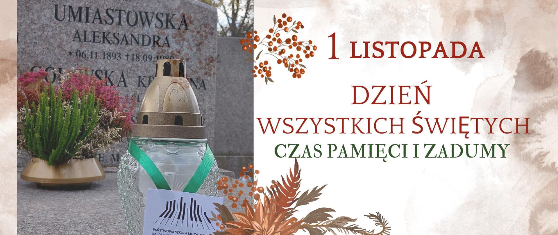 Na zdjęciu widać zapaloną świecę-znicz ustawioną na grobie z granitową płytą nagrobną oraz kartkę z napisem upamiętniającą Dzień Wszystkich Świętych. Obok znajduje się jesienna grafika z tekstem o pamięci. 