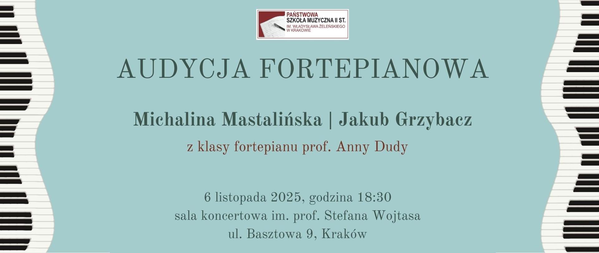 po prawej i lewej stronie grafika przedstawiająca klawisze fortepianu, na środku miętowe tło i napisy informujące o wydarzeniu
