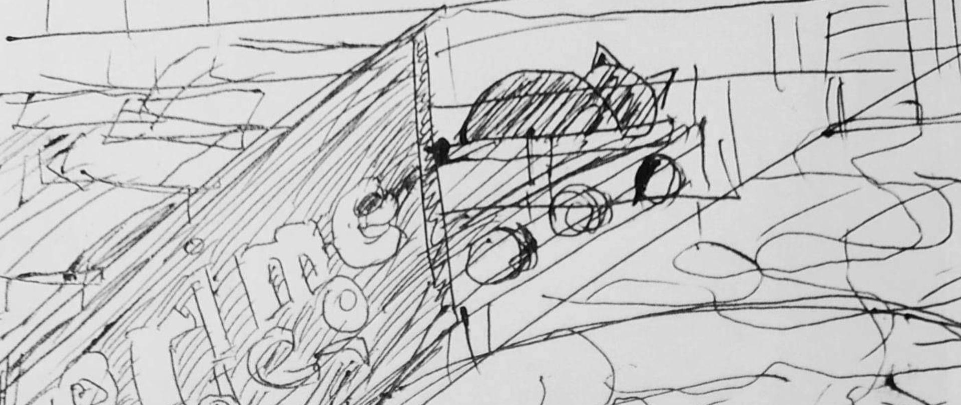 Biało-czarna grafika przedstawiająca śpiące koty. Obok stoją miski