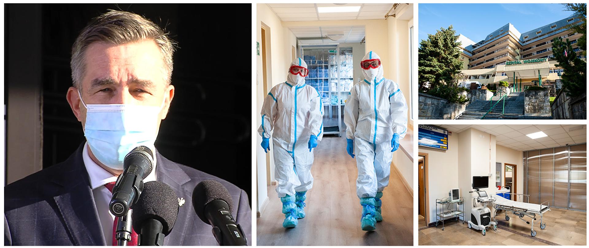 Kolaż czterech zdjęć. Po lewej, największe - bliskie ujęcie wceministra Zbigniew Gryglasa z briefingu. Po prawej ujęcia szpitala tymczasowego; dwójka medyków w strojach ochronnych idąca po korytarzu, łóżko i aparatura w jednej z sal; budynek szpitala wojskowego z zewnątrz