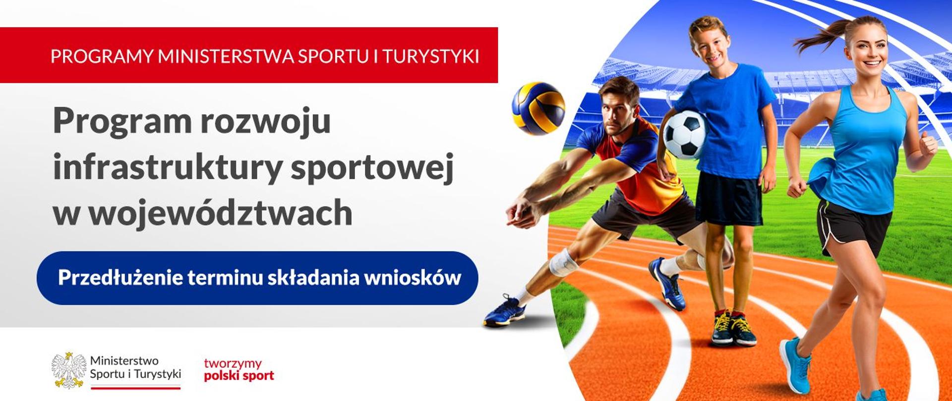 Grafika z dużym napisem, na czerwonym tle: "Programy Ministerstwa Sportu i Turystyki". Poniżej informacja o przedłużeniu terminu składania wniosków w Programie rozwoju infrastruktury sportowej w województwach. W lewym dolnym rogu logotyp MSiT oraz hasło tworzymy polski sport. Z prawej strony trzy osoby, w różnym wieku, w strojach sportowych w czasie aktywności fizycznej.