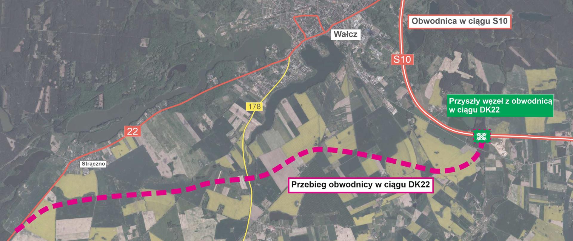 Mapa z zaznaczeniem przebiegu obwodnicy Wałcza