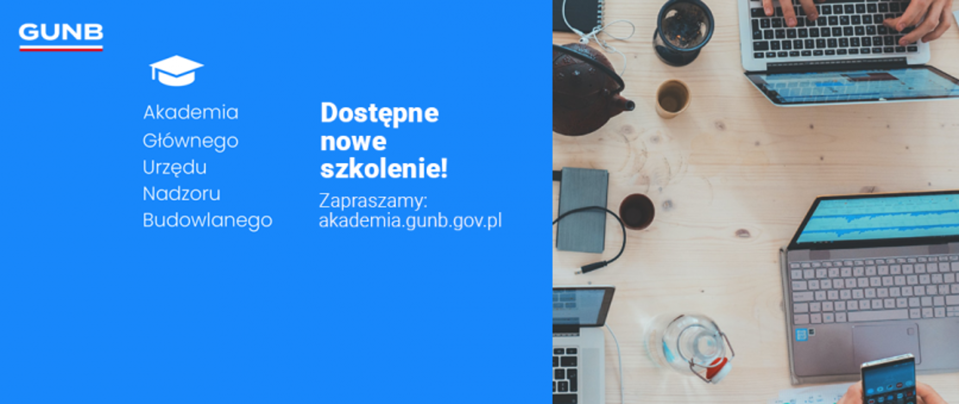 Baner z napisem „#GUNBcyfryzuje”, logo ZONE i zdjęciem szklanego budynku na tle niebiesko-żółtej grafiki.