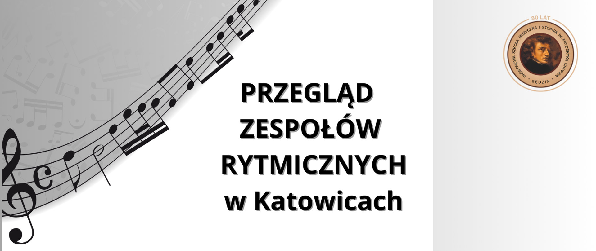 baner na szaro-białym tle, po lewej nuty na pięciolinii, po prawej logo szkoły