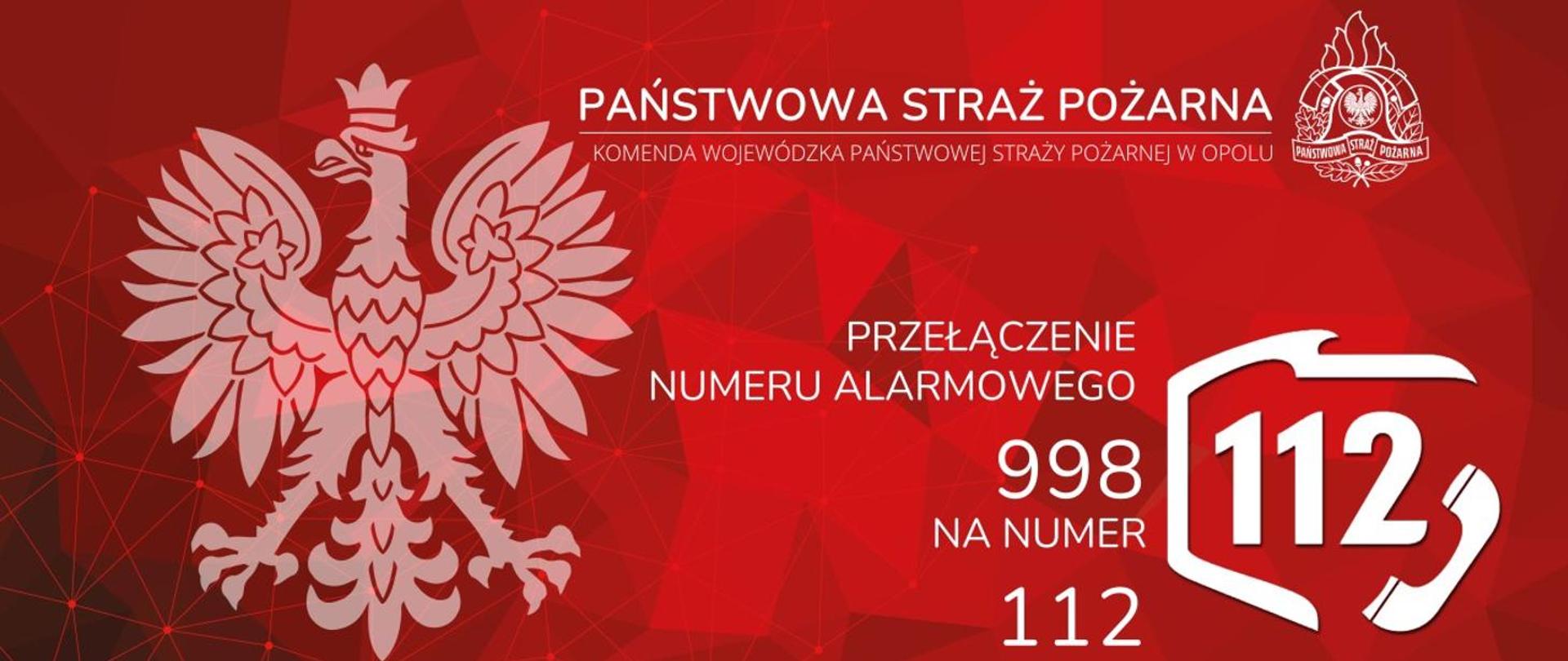 Na czerwonym tle po lewej godło RP, na górze napis: Państwowa Straż Pożarna, pod nim napis Komenda Wojewódzka Państwowej Straży Pożarnej w Opolu. Po prawej Logo PSP.
Pod spodem napis Przełączenie numeru alarmowego 998 na numer 112, a po prawej piktogram numeru 112 - w kształt granic Polski po wschodniej stronie wkomponowana słuchawka telefoniczna , w środku numer 112. 