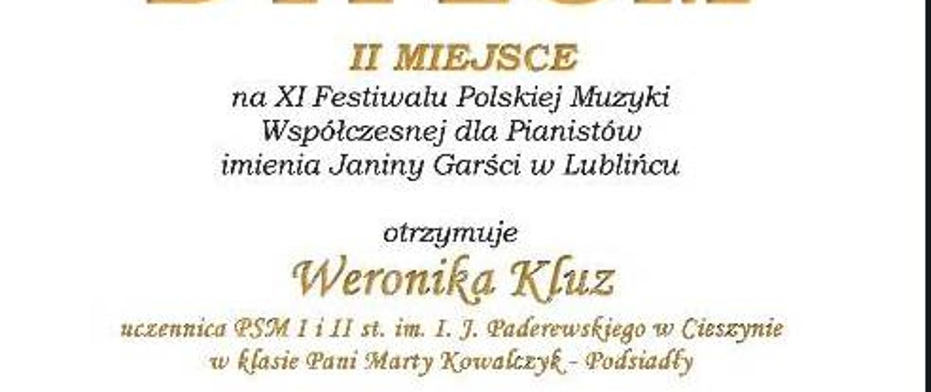 Dyplom pianistki za zajęcie drugiego miejsca w konkursie