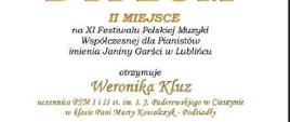 Dyplom pianistki za zajęcie drugiego miejsca w konkursie