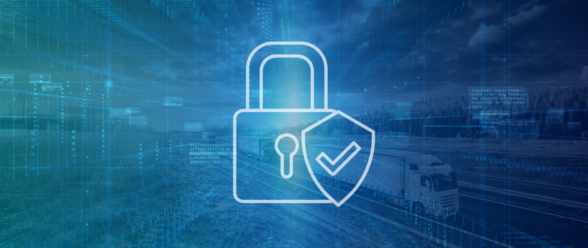 Grafika przedstawia symbol dużej kłódki z tarczą i znakiem kontrolnym (check) na tle cyfrowej siatki danych oraz drogi, po której jadą ciężarówki. Obraz symbolizuje bezpieczeństwo danych i ochronę systemów informatycznych w transporcie lub logistyce.