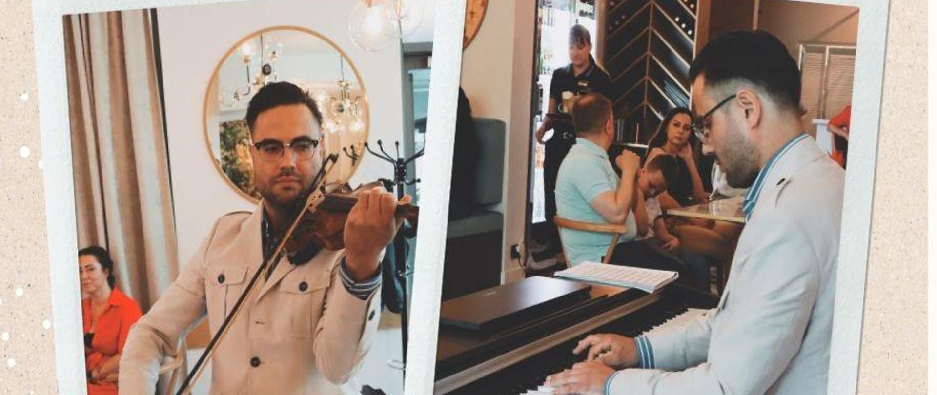 Kolaż zdjęć z nauczycielem i uczniami.