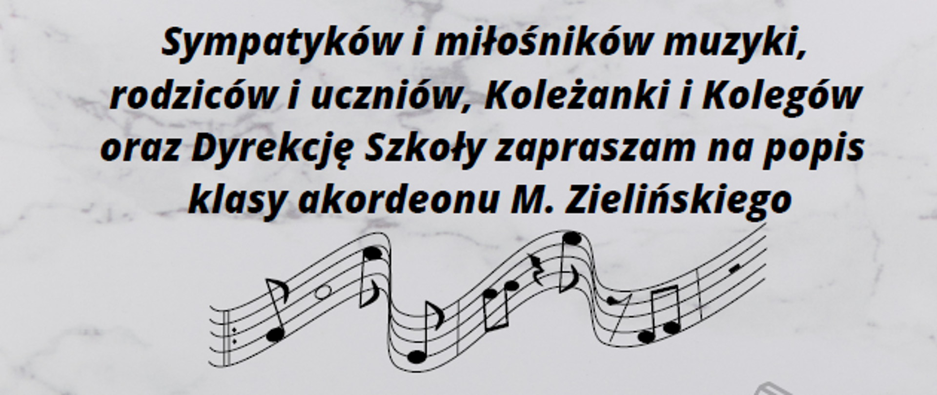 Plakat zapraszający na popis klasy akordeonu. Na środku zdjęcie akordeonu na szarym tle z małymi akordeonami. W treści znajduje się termin, data oraz miejsce wydarzenia.