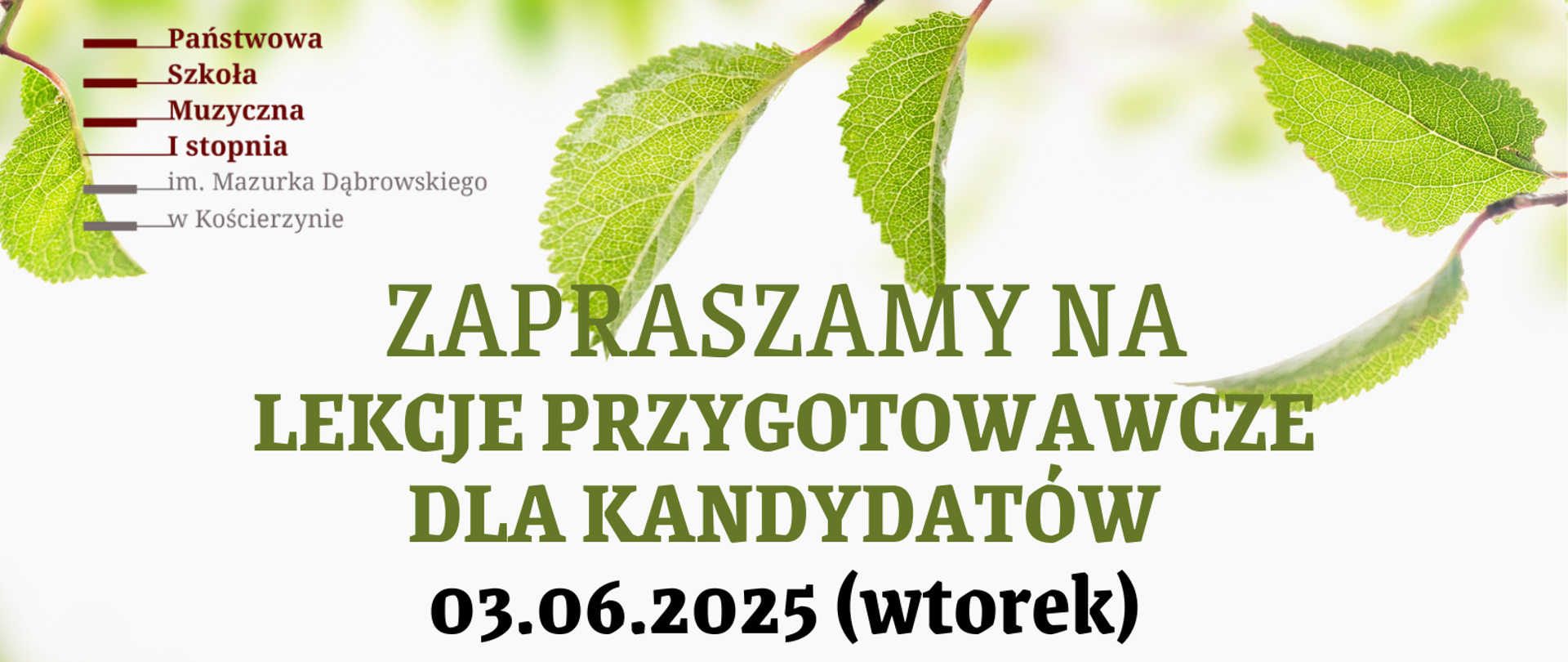 Tło obrazka w odcieniach zieleni. U góry zielony napis: "zapraszamy na lekcje przygotowawcze dla kandydatów". Poniżej czarną czcionką data i harmonogram lekcji. U samego dołu na zielonej trawce dzieci. Po lewej stronie grafika dziewczynki w fioletowej sukience, która gra na skrzypcach, dalej chłopak w zielonych włosach, czerwonym sweterku gra na gitarze, a na końcu dziewczynka w czerwonej sukience w białe kropki i okularach gra na flecie poprzecznym. Na samym dole żółty pasek z nazwą szkoły, adresem i numerem telefonu.