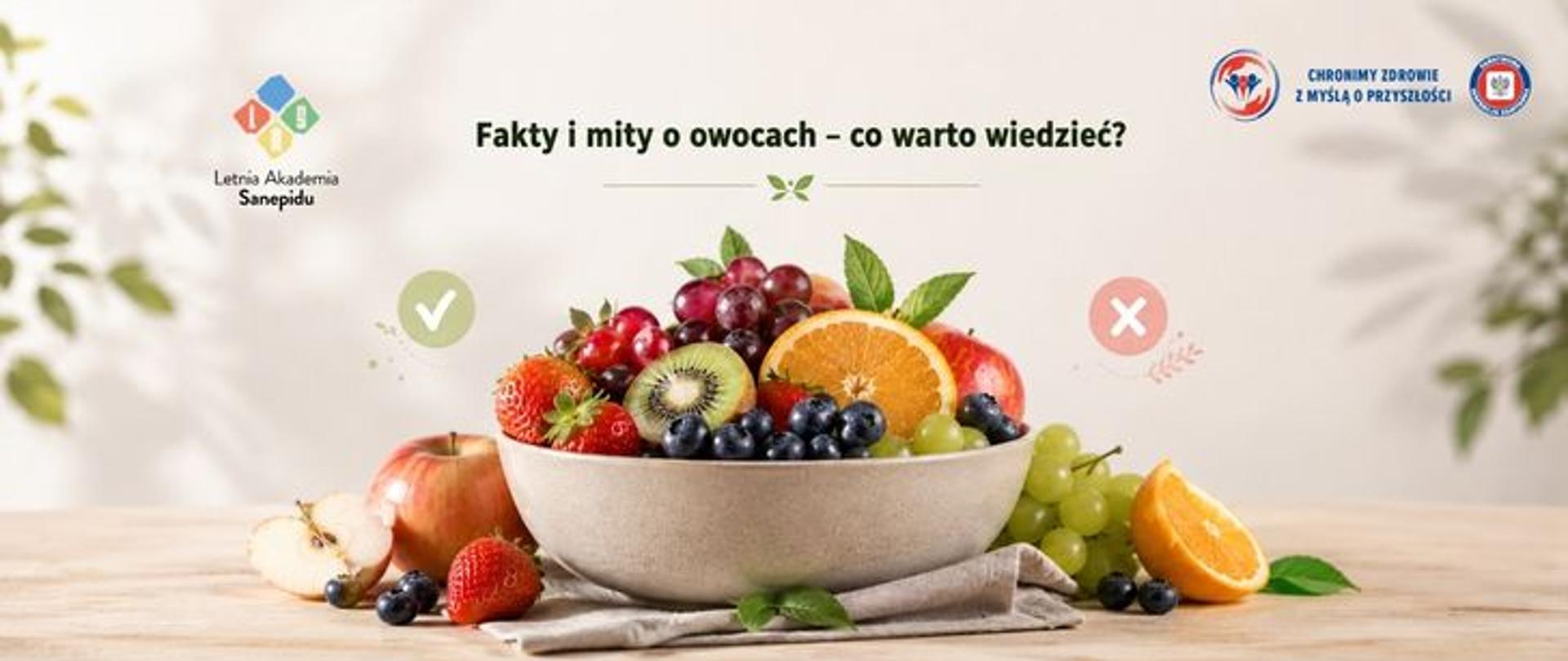 Na drewnianym blacie stoi miska wypełniona winogronami, truskawkami, kiwi, pomarańczą, borówkami i innymi owocami. Obok leżą jabłko, przekrojona pomarańcza, winogrona . W tle widnieją symbole zielonego haczyka i czerwonego krzyżyka oraz napis: „Fakty i mity o owocach – co warto wiedzieć?”. U góry po lewej logo Letniej akademii Sanepidu a po prawej logo Państwowej Inspekcji Sanitarnej wraz z hasłem: Chronimy zdrowie z myślą o przyszłości. 