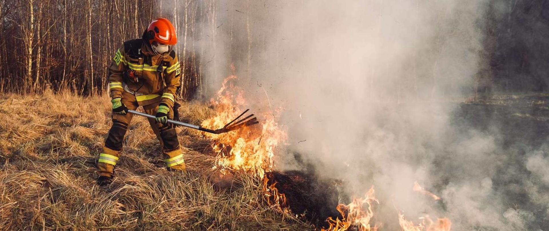 Na zdjęciu strażak za pomocą tłumicy gasi oień na trawie, dużo dymu wokół, w tle las