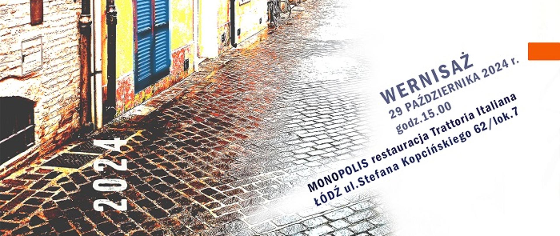 Wielobarwna grafika. Po lewej stronie zabudowania włoskiego miasta Rimini. Po prawej tekst w kolorach logotypu szkoły: WYSTAWA POPLENEROWA UCZNIÓW PAŃSTWOWEGO LICEUM SZTUK PLASTYCZNYCH W ŁODZI. Poniżej logotyp szkoły. Poniżej informacje o wernisażu: 29 października 2024 godz. 15.00, Monopolis, restauracja Trattoria Italiana, Łódź, Stefana Kopcińskiego 62/lok. 7