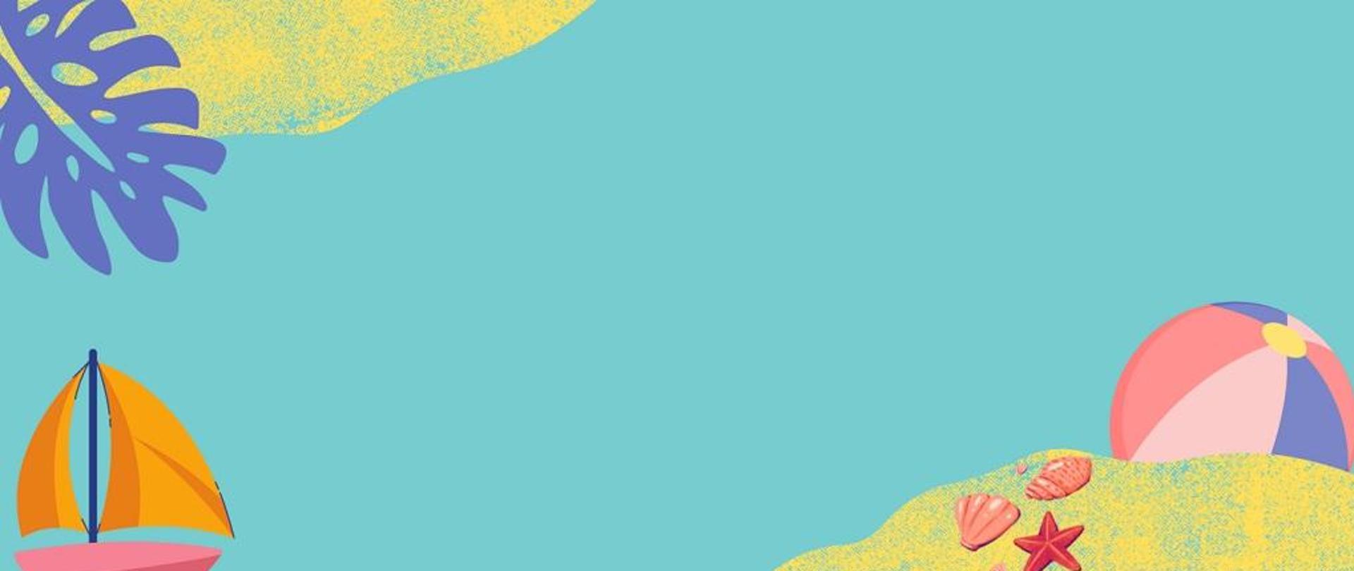 Grafika przedstawia wodę oraz piasek, w lewym górnym rogu fioletowy liść, w lewym dolnym rogu łódka. W prawym dolnym rogu muszelki i piłka plażowa. Grafika w pastelowych kolorach.