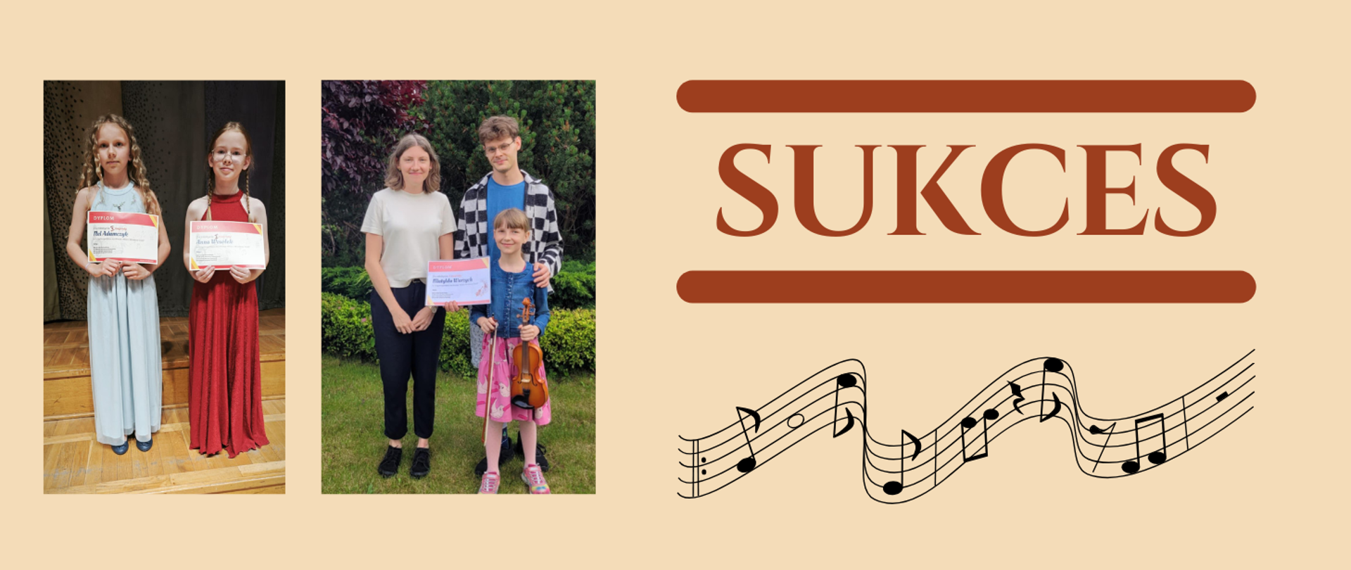 po lewej kilka osób trzymających dyplomy, po prawej napis sukces a pod nim grafika nut na pięciolinii, beżowe tło