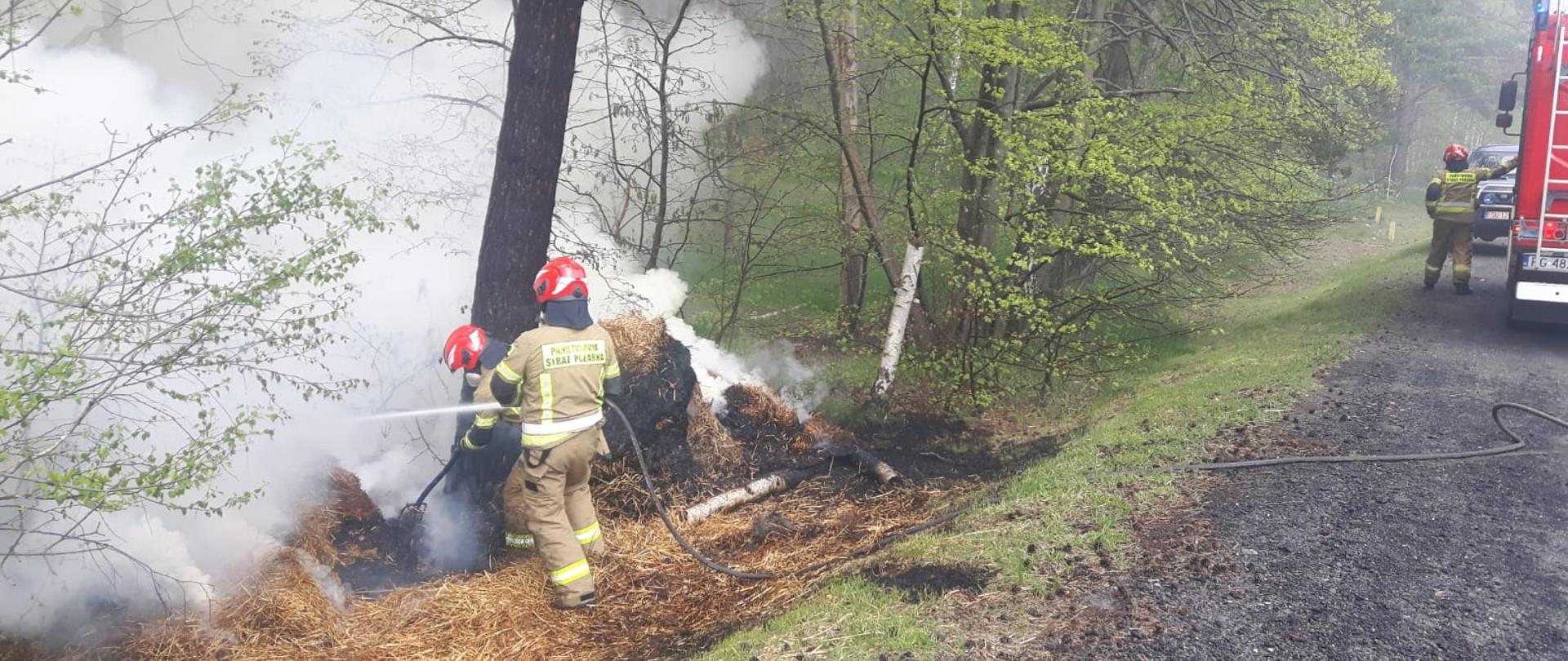 Na zdjęciu widać strażaków gaszących bele słomy 