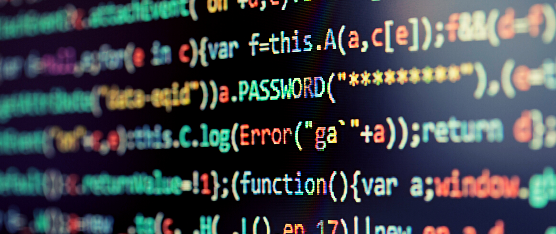 Kolorowe napisy na czarnym tle. Kod komputerowy. Wśród słów: password, error, log, function, window