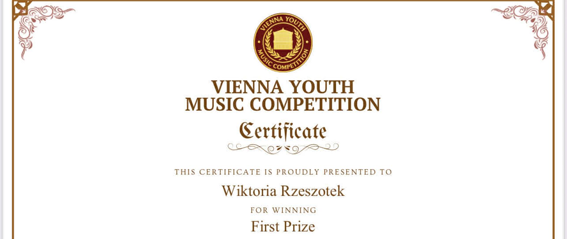 Dyplom Wiktorii Rzeszotek - laureatki I miejsca w Vienna Youth Music Competition 2026