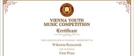 Dyplom Wiktorii Rzeszotek - laureatki I miejsca w Vienna Youth Music Competition 2026