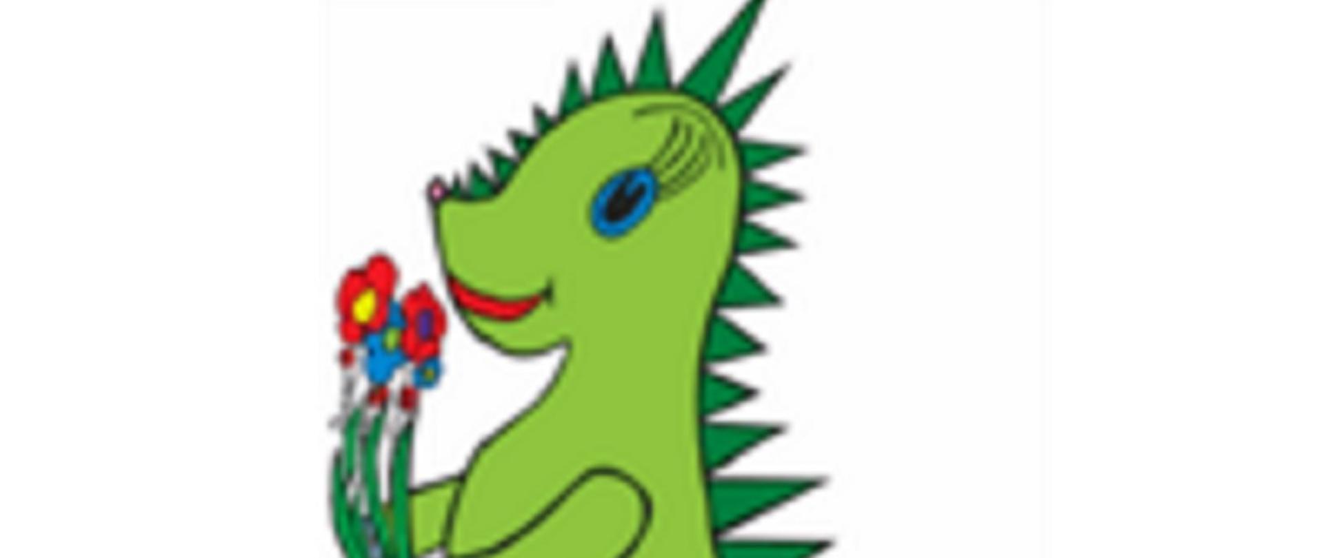 Grafika do Programu czyste powietrze przedstawiająca uśmiechniętego smoka trzymającego kwiatki cieszącego się z czystego powietrza