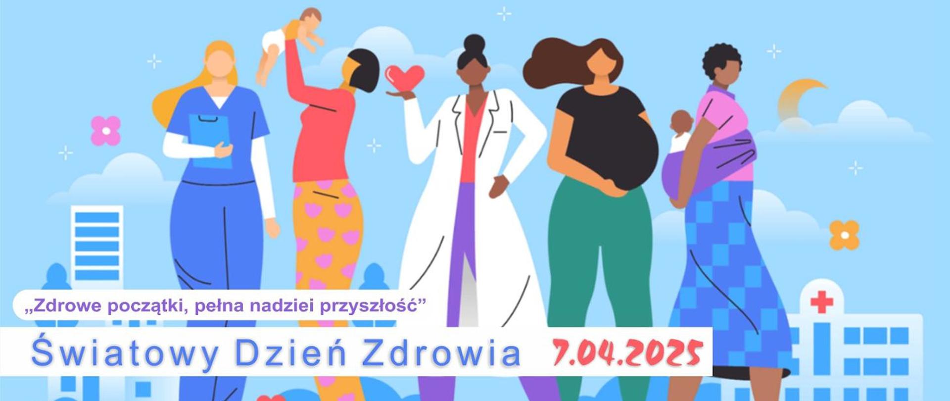 Grafika przedstawiająca kobiety w ciąży, z dziećmi i lekarkę