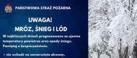Zdjęcie przedstawia plakat ostrzegający przed zagrożeniem powodowanym przez gwałtowne opady śniegu, mróz oraz lód. Akcja informacyjna prowadzona jest przez państwową straż pożarną. Plakat podzielony jest na dwie części. Pierwsza od lewej posiada tło w kolorze niebieskim. Na tle znajduje się tekst w kolorze białym zawierający najważniejsze informacje i zalecenia związane z ujemną temperaturą oraz opadami śniegu. Prawa strona zdjęcia przedstawia park w porze zimowej. Drzewa, ławka oraz chodnik pokryte są grubą warstwą białego śniegu.