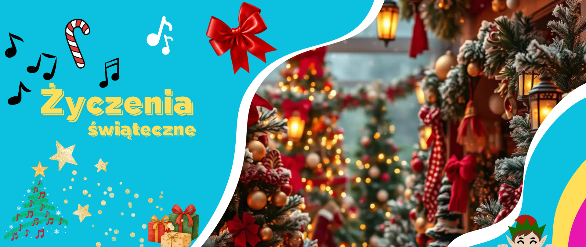 Kolorowa, świąteczna grafika z turkusowym tłem po lewej stronie i zdjęciem udekorowanej, oświetlonej choinki po prawej; na środku po lewej widoczny duży żółty napis „Życzenia świąteczne”, wokół którego znajdują się nutki, laska cukrowa, kokarda, choinka z nutami, złote gwiazdy i prezenty, a całość utrzymana jest w radosnym, dziecięcym stylu ilustracji.