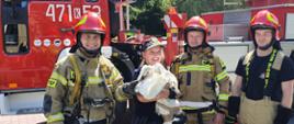 Zdjęcie przedstawia strażaków oraz strażniczkę miejsą, która trzyma w rękach uratowanego bociana
