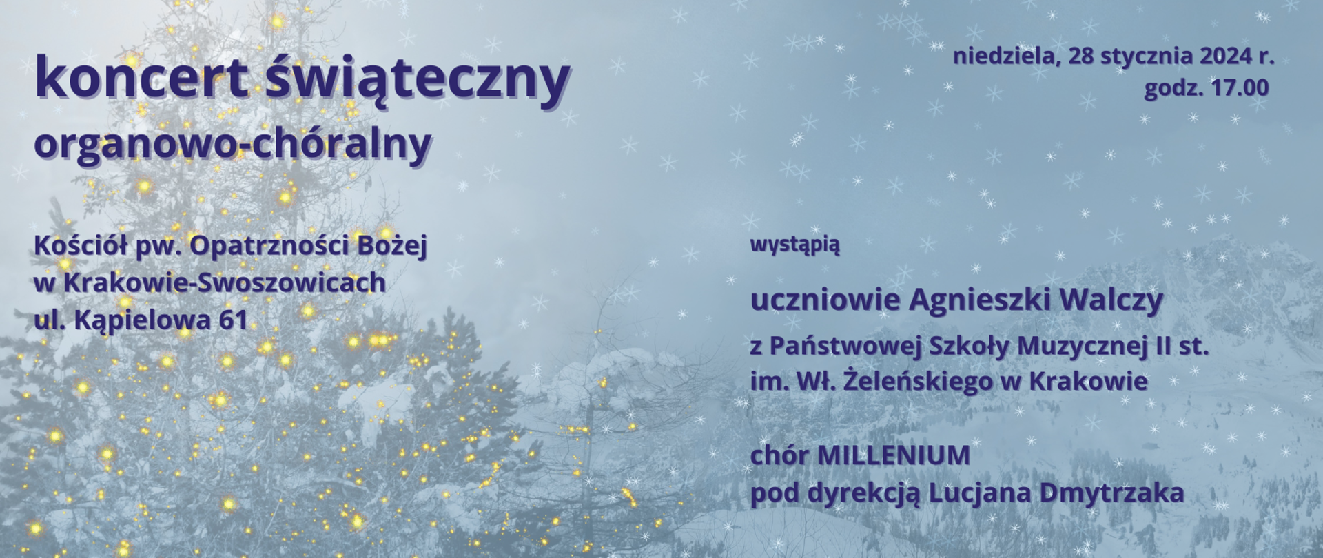 w tle obraz gór i drzew podczas zamieci śnieżnej w lewym górnym rogu napis informujący o koncercie i miejscu, w którym ma się odbyć po prawej data, godzina oraz wykonawcy
