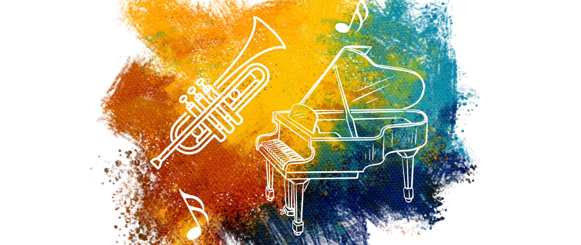 Biały plakat popisu klas trąbki i fortepianu. Na górze strony na zółto-niebieskim tle graficzne przedstawienie trąbki i fortepianu. Na dole strony zawarte są informacje o terminie i miejscu popisu. 